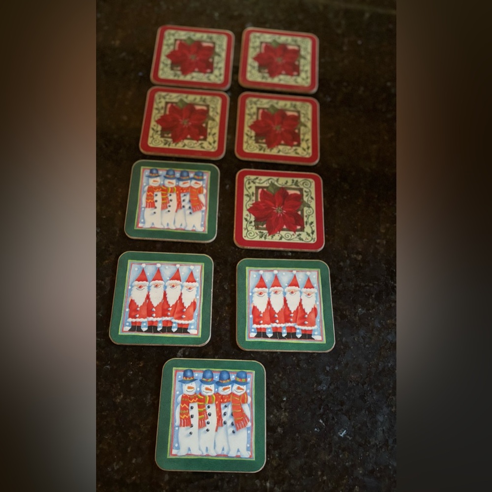 🎄Pimpernel Coasters Christmas Theme Set Of 9 Cork Backed Square Snowman Santa